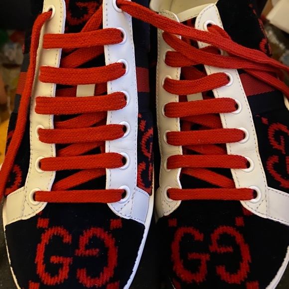Authentic Gucci Velvet Red and Navy Sneakers - Picture 1 of 11